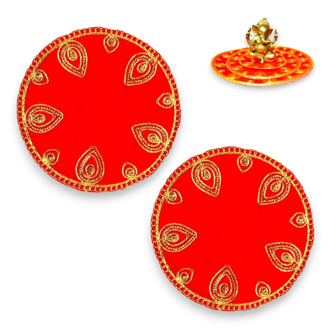 Red Velvet Pooja Mat Aasan Decorative Cloth for God Goddess Idol Puja Asan Mandir Temple Home Office Decor Base Chowki Indian Festival Diwali Decorations Item - Housewarming Gift